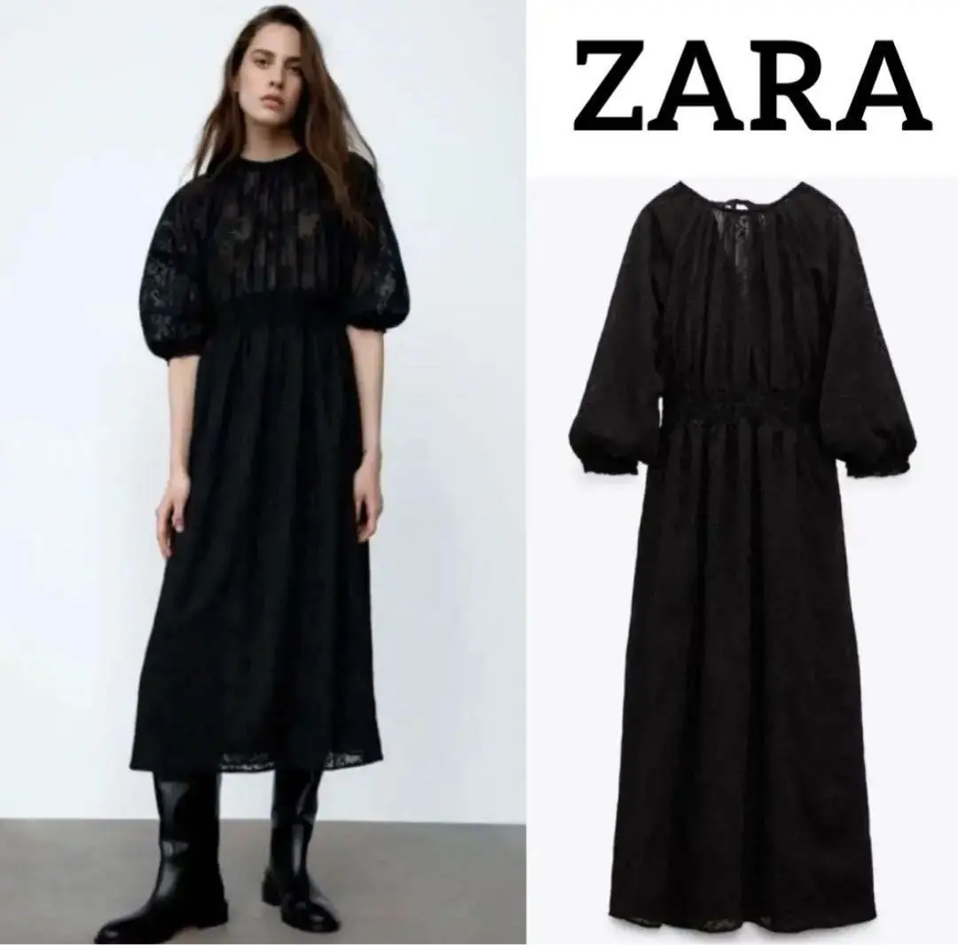ZARA カットワーク刺繍入りプリント柄ミディ丈ワンピース ZARA カットワーク刺繍入りプリント柄ミディ丈ワンピース (ZARA