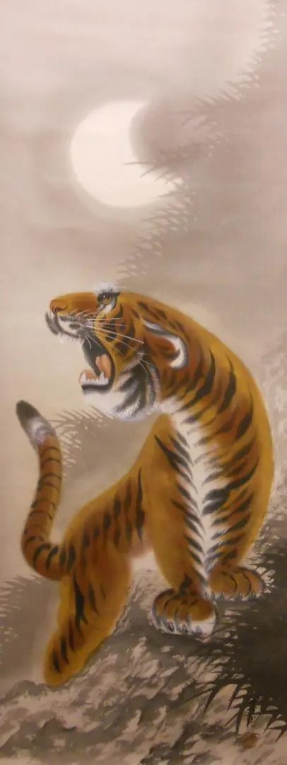 真作/観嵐/月下猛虎図/猛虎/中国画/布袋屋掛軸HJ-727 Bibian 比比昂 - 真作/奈良井旭年/月下猛虎図/猛虎下山/虎図