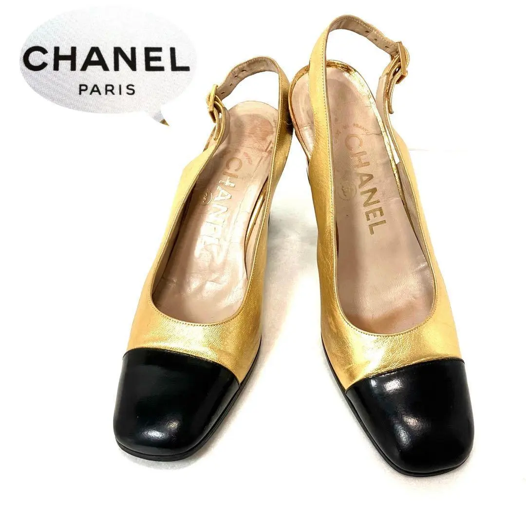 Thumbnail of CHANEL Chanel Gold & Black Pack Band Pumps, 22.5 cm