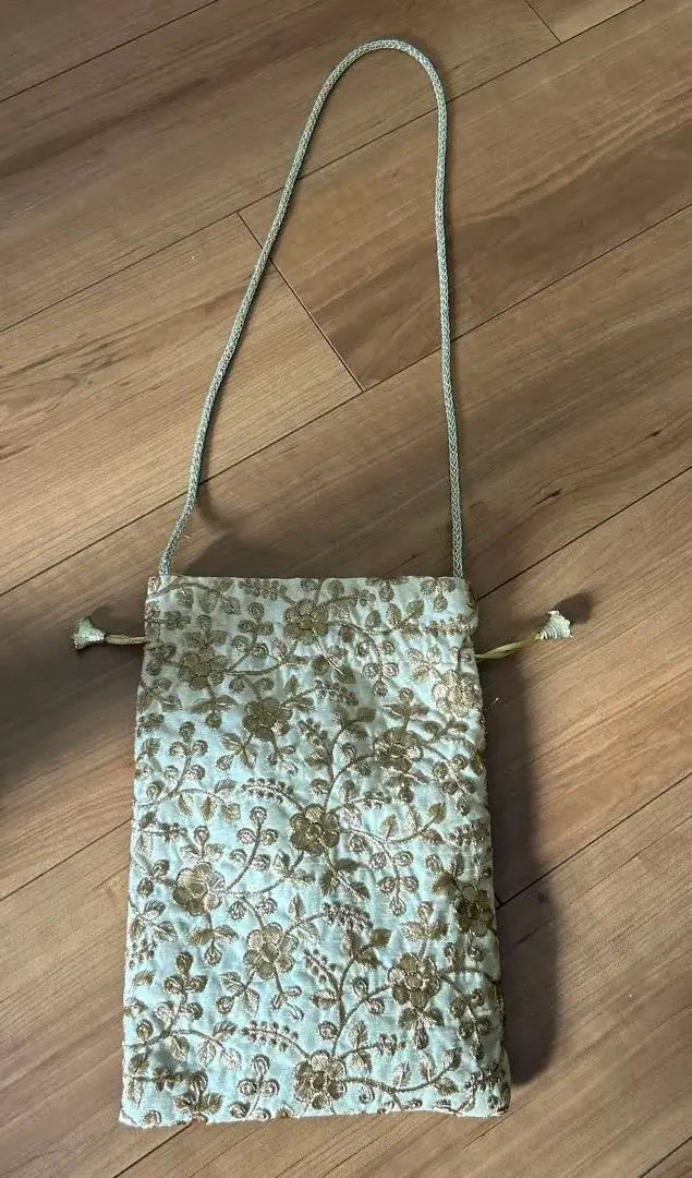 Thumbnail of Ivory Floral Embroidered Drawstring Shoulder Pouch