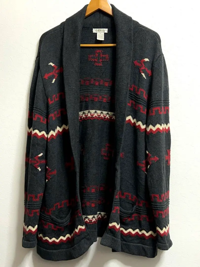 90s orvis ウールカーディガン 90s オービス バーズアイ 総柄 ウール ニット カーディガン