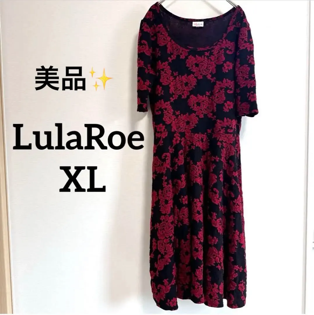 Thumbnail of 【Excellent Condition ✨】LulaRoe XL Short-Sleeved Knee-Length Dress, Black and Red Floral Pattern