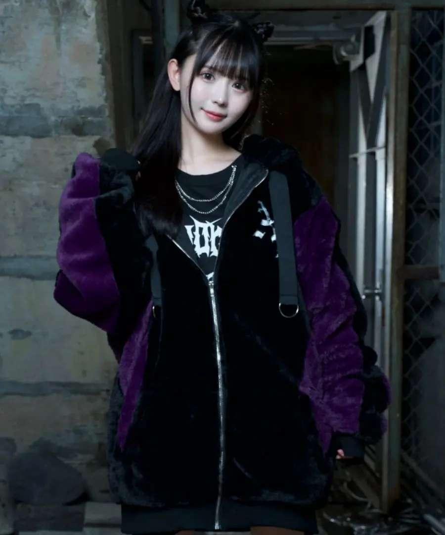Amilige ハーネス付きファーZIPパーカーブルゾン Amilige ハーネス付きファージップパーカーブルゾン パープル
