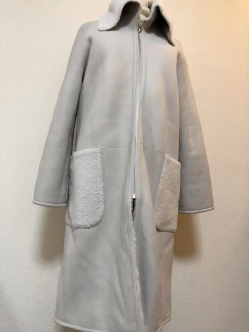 【未使用・保管品】G.ESTILO ムートンコート 羊革 グレージュ系 Lサイズ ムートンコート フード付き フォックス ファー トリミング