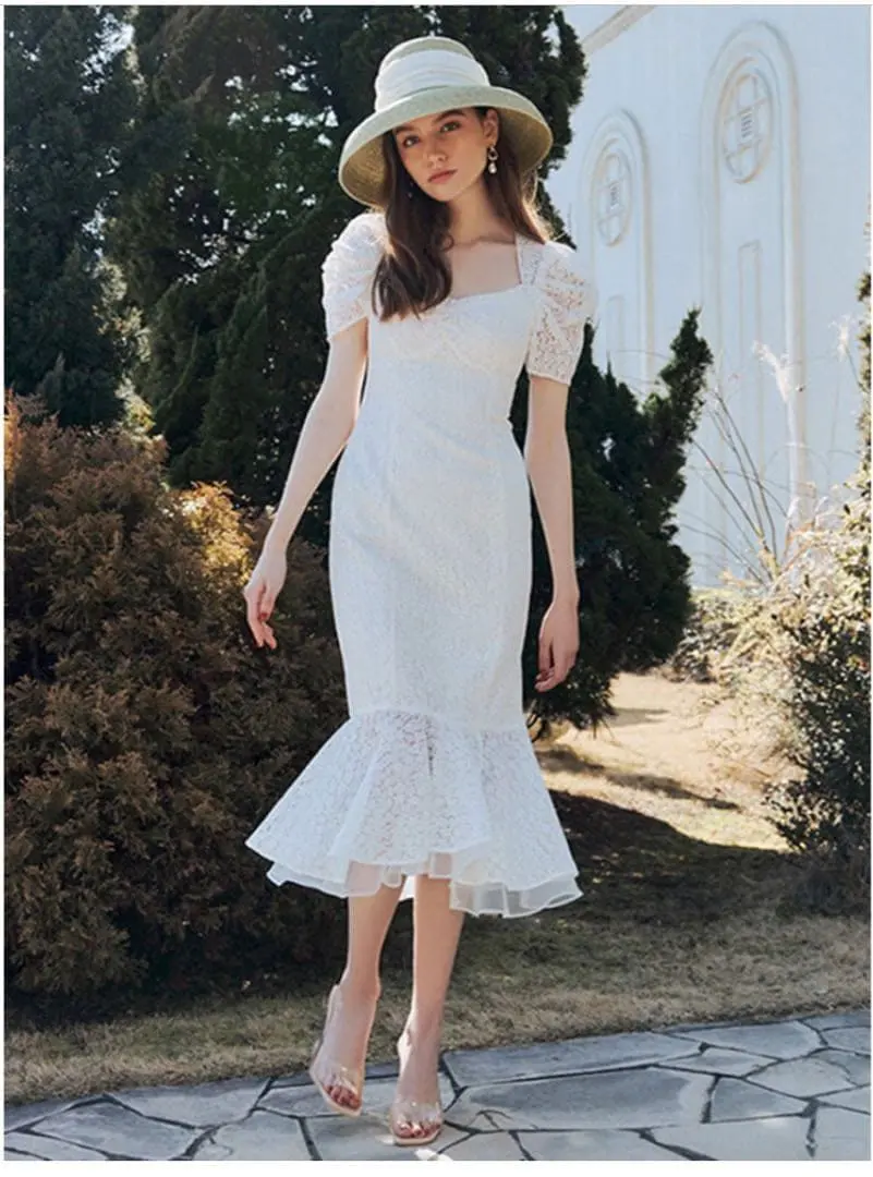 白色荷葉邊美人魚禮服 XS 的縮圖