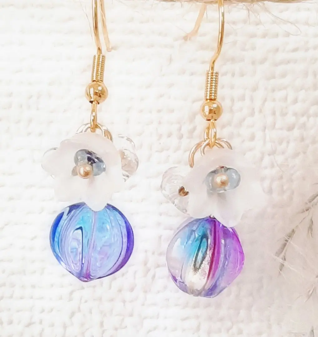 Thumbnail of Flower and Czech Glass Melon Bead Earrings - Lavender Blue
