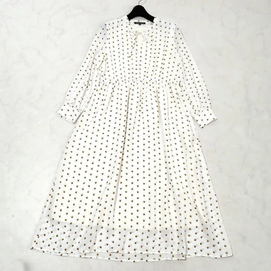 極美品✨Laura Ashley 長版连衣裙 连衣裙 连衣裙 总花纹 喇叭形 丝带 M 白色 的縮圖