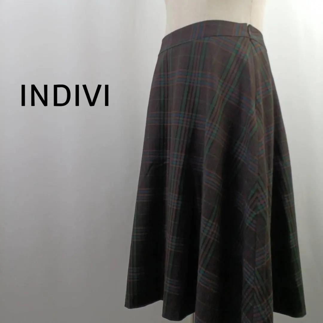 Thumbnail of INDIVI Midi Flare Skirt Brown Check Pattern Made in Japan
