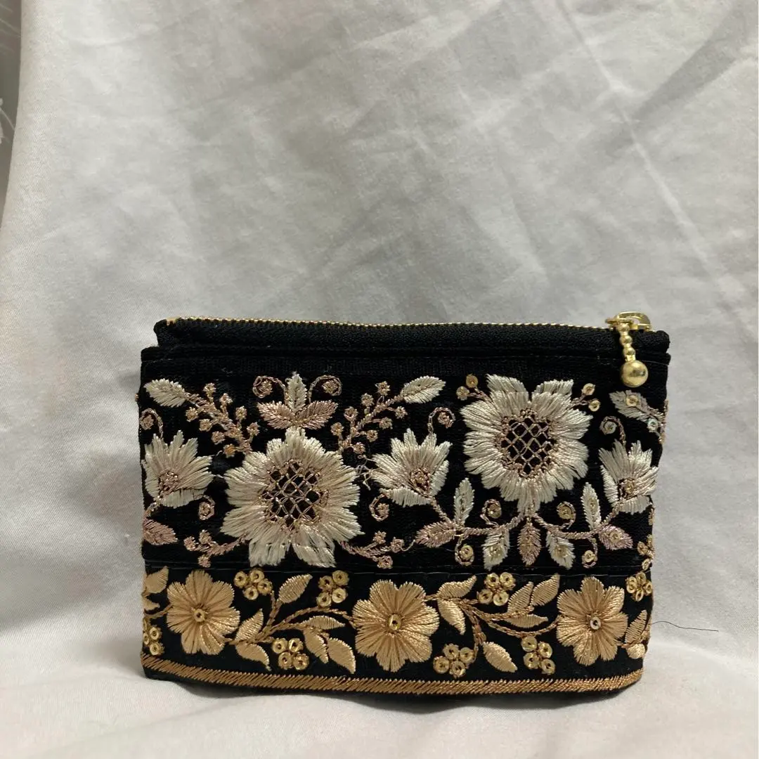 Thumbnail of Indian embroidered ribbon, folding pouch with gusset, handmade