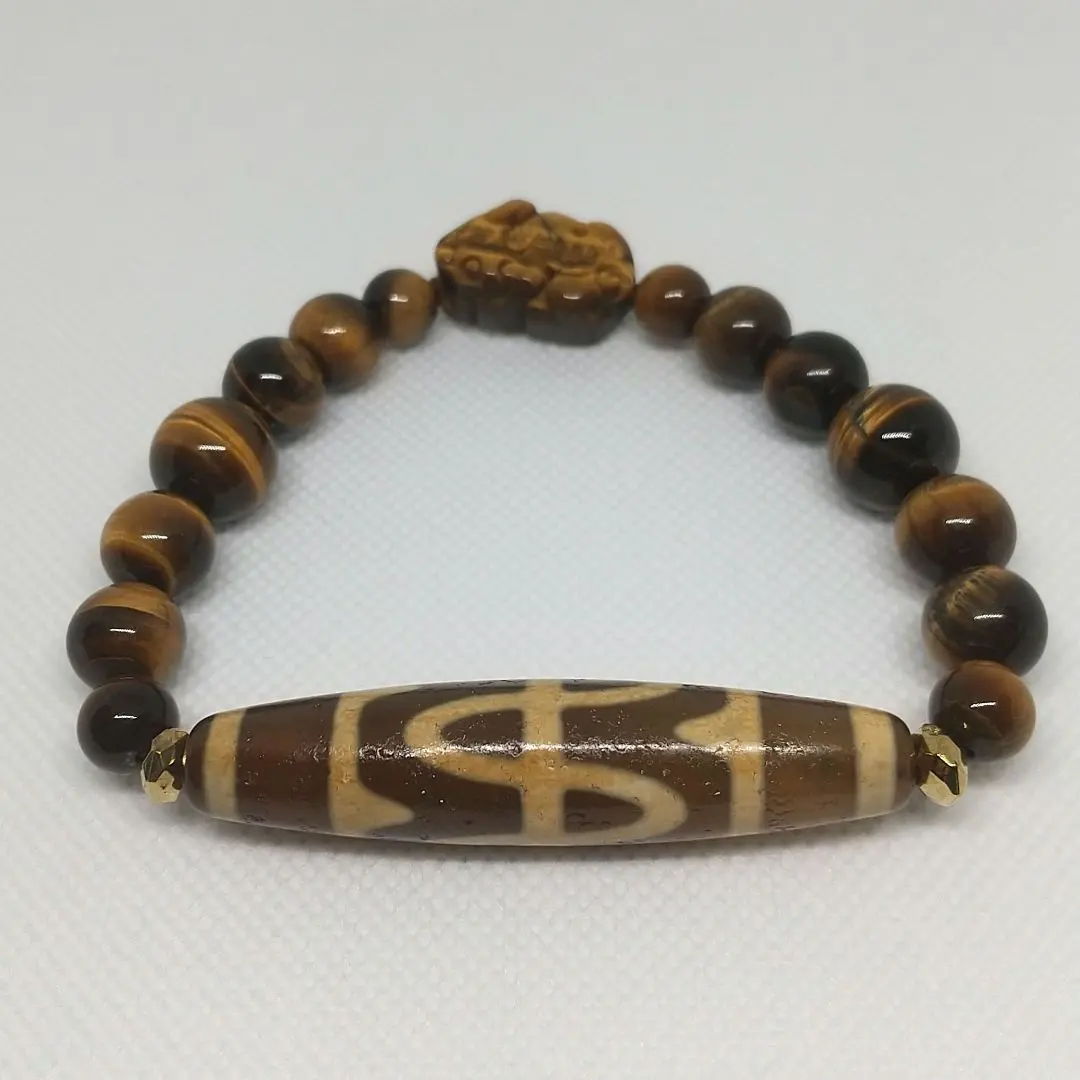Thumbnail of Natural Stone ☆ Vajra Lotus Six-Eyed Agate Dzi Bead ✧ Tiger Eye Bracelet