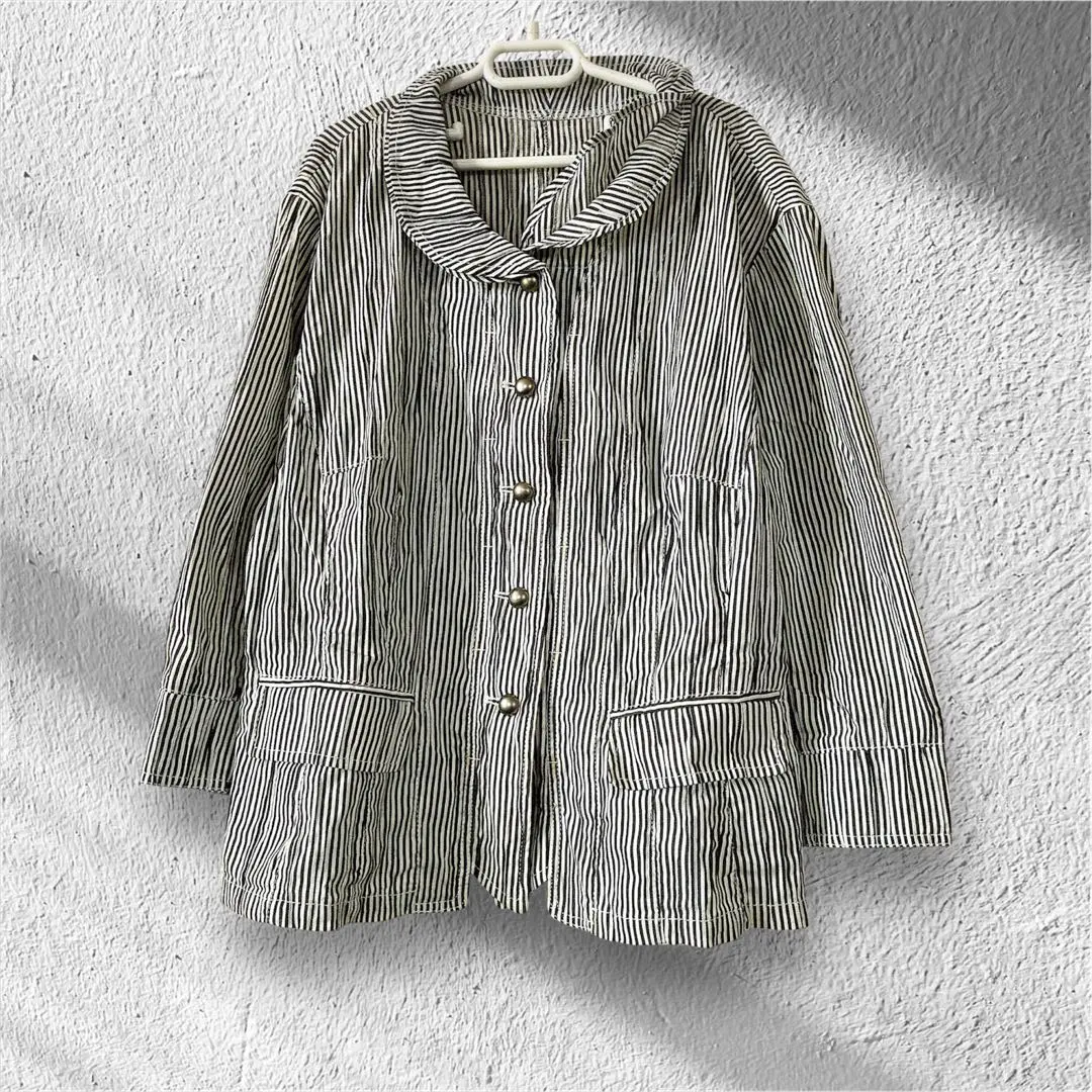 Thumbnail of Elegant Collarless Jacket 3/4 Sleeves for Mature Women and Seniors, Striped, Summer