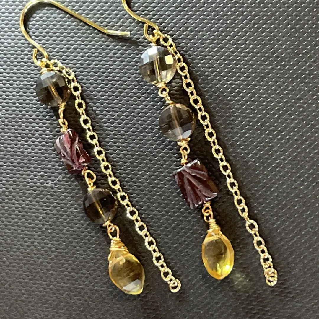 Thumbnail of Natural Stone: Smoky Quartz, Citrine, Rhodolite Garnet, 14kgf Earrings