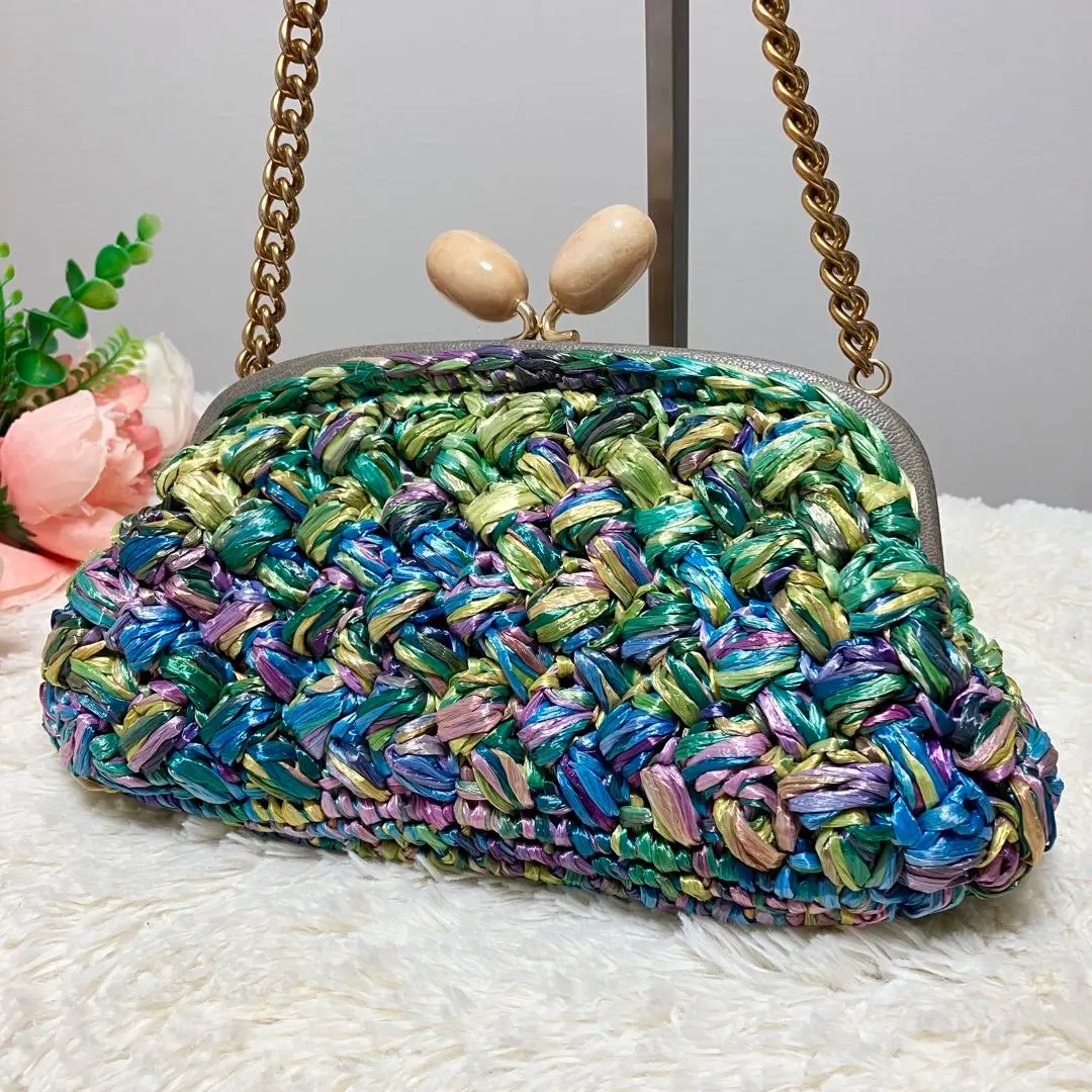 カパフ マルチカラーカゴバッグ パール ハンドバッグ グリーン系 ハンドメイド カパフ マルチカラーカゴバッグ パール ハンドバッグ グリーン系