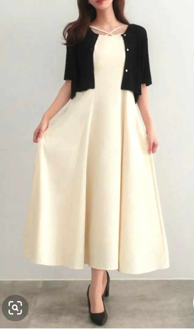 Thumbnail of Sheer short-sleeved ribbed cardigan + linen flare camisole dress set