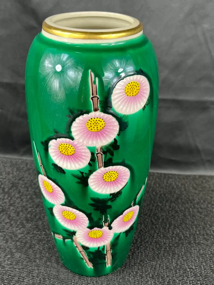 P646 九谷焼 玉浪 鶴松絵 花瓶 花器 金彩 青系 華道 茶道 インテリア P646 九谷焼 玉浪 鶴松絵 花瓶 花器 金彩 青系 華道 茶道