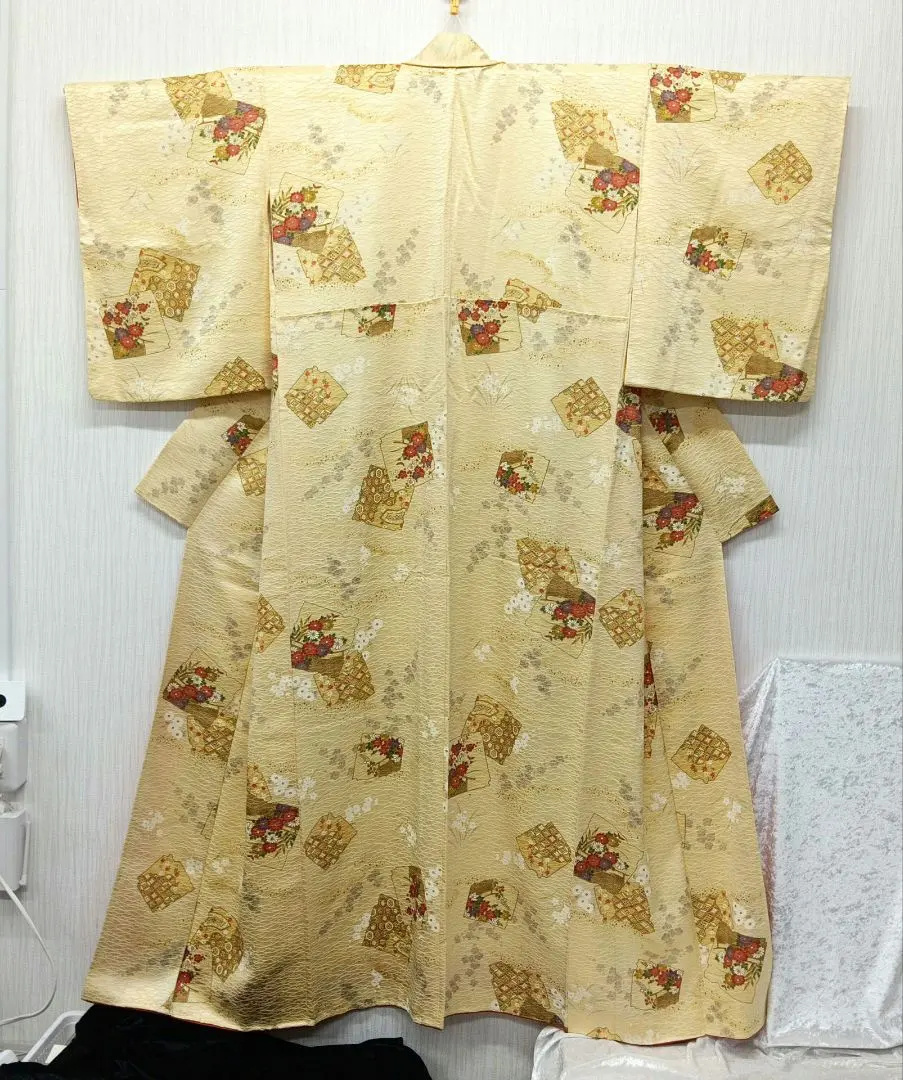Thumbnail of Komono Kimono Japanese Clothing Silk Flower Fan Yellow Showa Retro Height 156cm