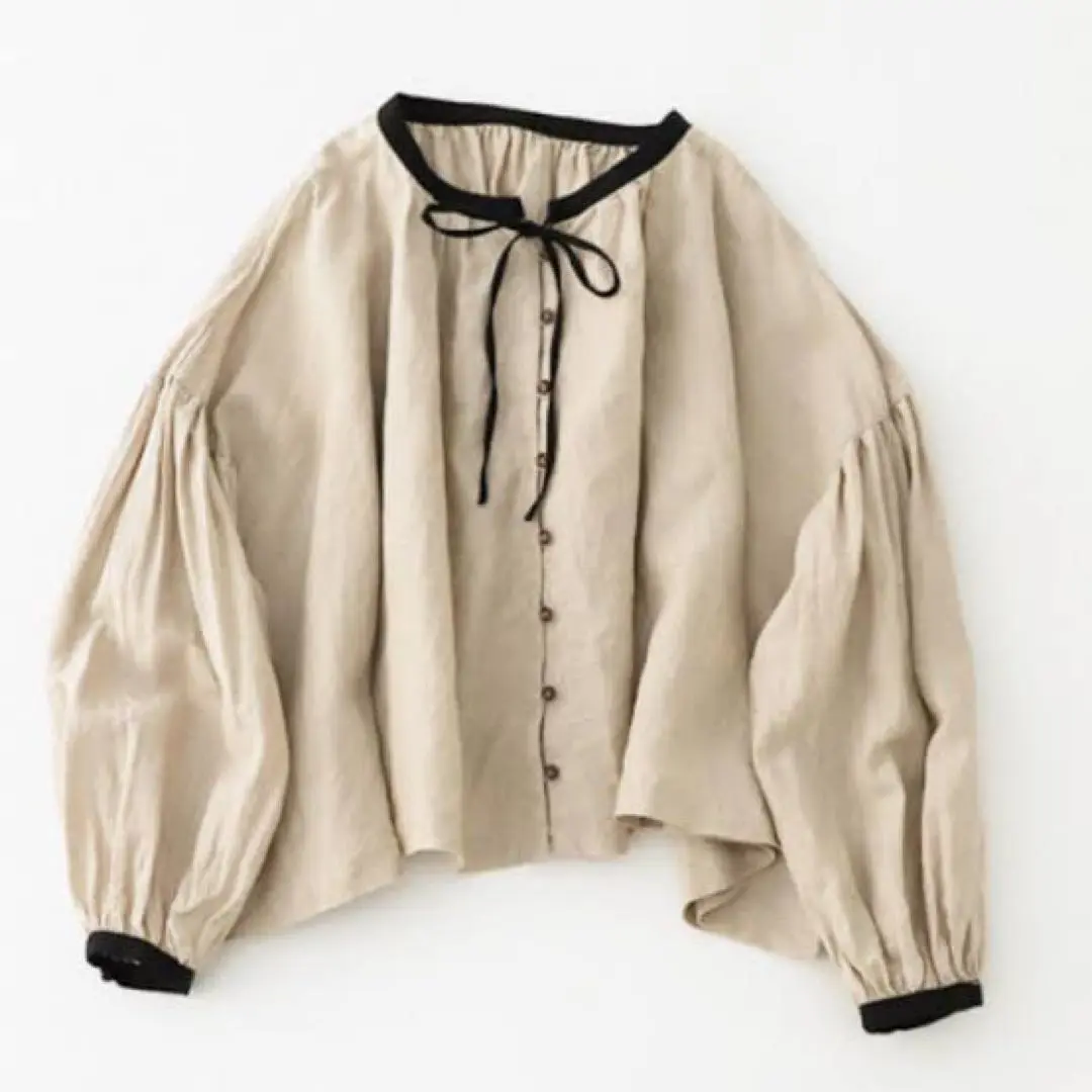 美品✨ネストローブ リネン　ショートスモック　ブラウス　バイカラー　ブラック黒 リネンデザインスリーブ2wayブラウス｜nest Robe / CONFECT