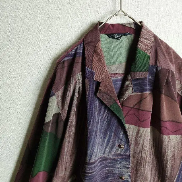 Thumbnail of Art Print Poly Shirt Open Collar Dark Colors Purple Green Gold Trim Buttons Retro