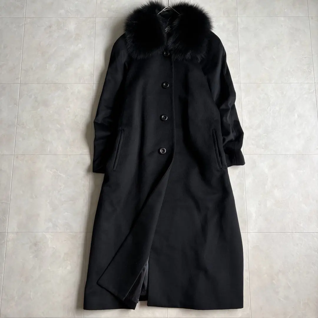 Thumbnail of RonLee 100% Cashmere Long Coat with Removable Fur Collar, Black, F, Raglan Sleeves