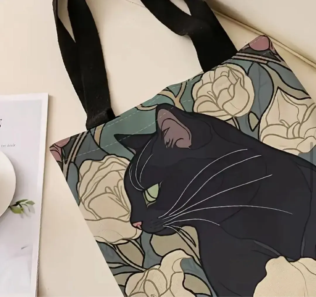 Thumbnail of ★Brand New★ Black Cat and Camellia Japanese Pattern Flower Tote Bag A4 Black Cat Lovers