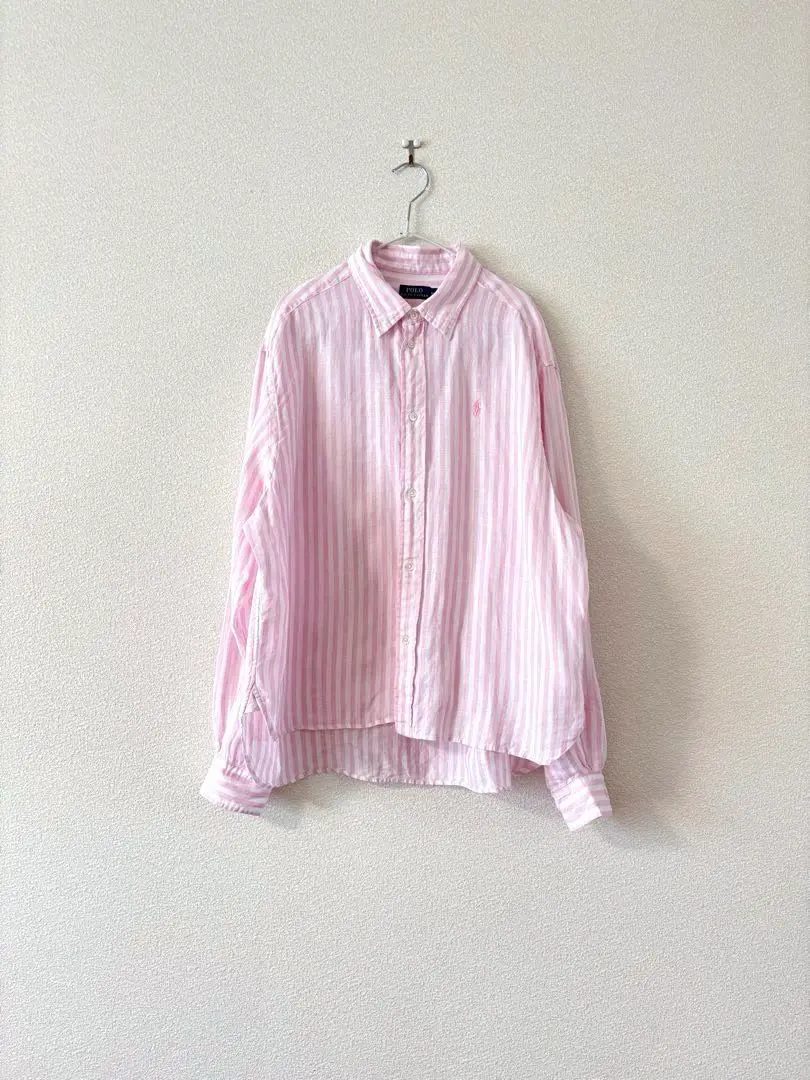 美品❣️ラルフローレン　リネンシャツ　麻　ピンク　ホワイト　ストライプ　L XL クラシック フィット ストライプド コットンリネン シャツ