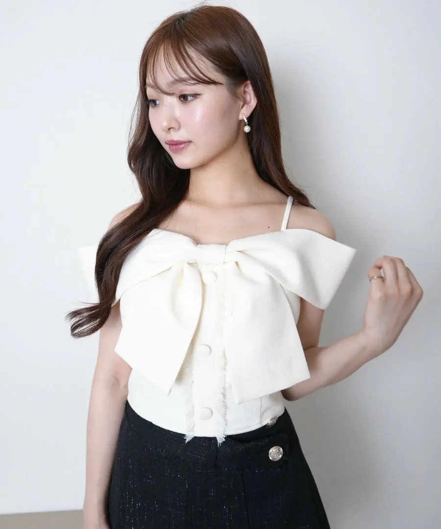 LIP SERVICE/(W)粗花呢蝴蝶結露肩上衣 的縮圖