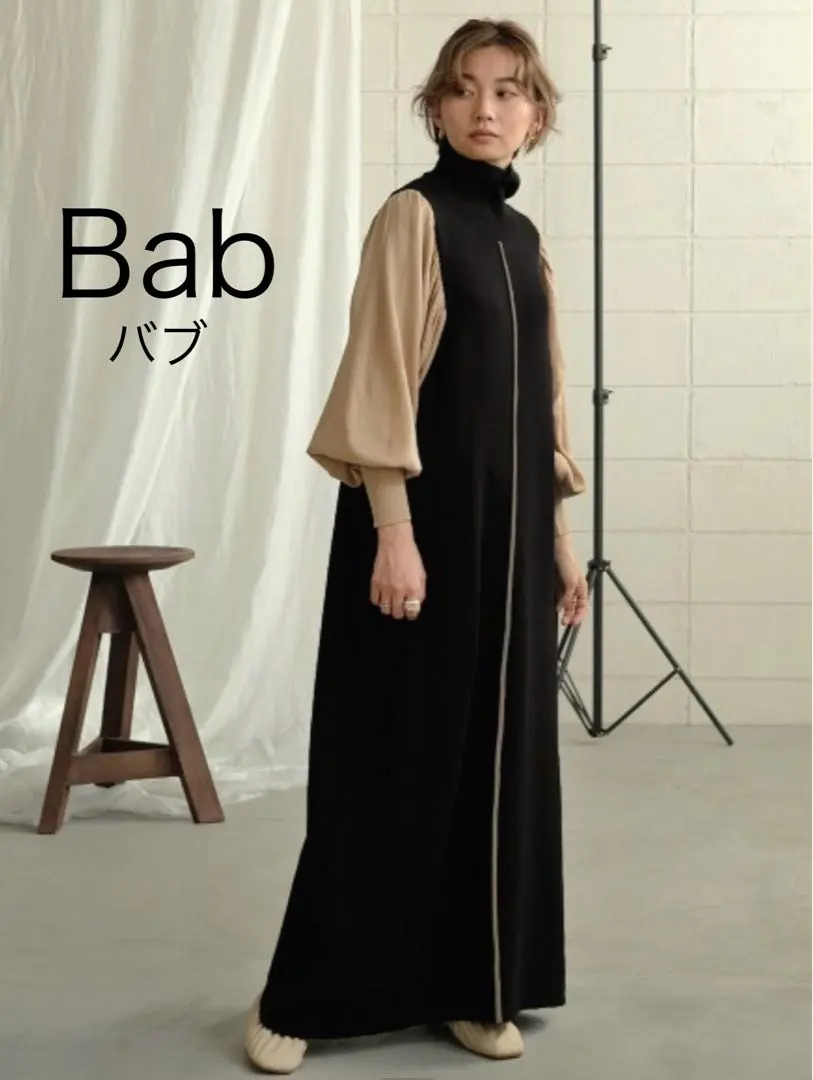 【Babバブ】配色針織長款連衣裙 寬鬆高領 F 的縮圖