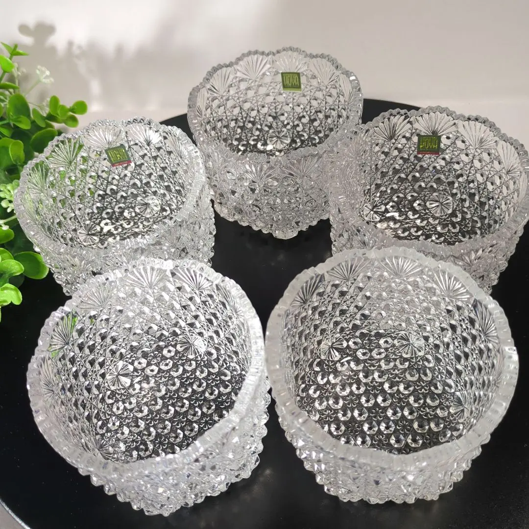 【美品】HOYA クリスタル　8点セット　亀甲つなぎ紋　未使用品〈大鉢　小鉢〉 美品】HOYA クリスタル 8点セット 亀甲つなぎ紋 未使用品〈大鉢