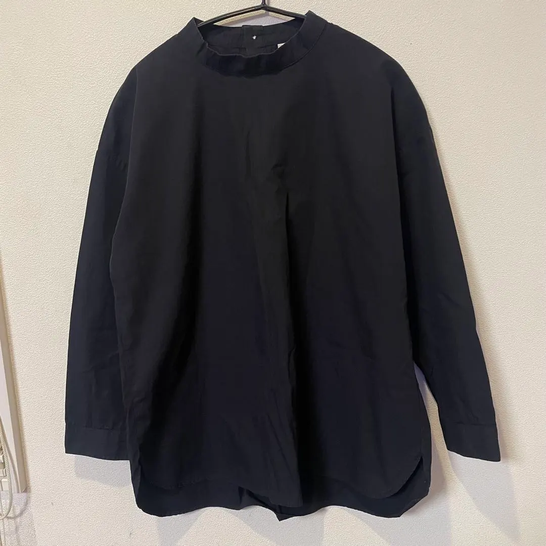 Thumbnail of MUJI Stand Collar Flare Blouse Shirt Black Long Sleeve Back Button
