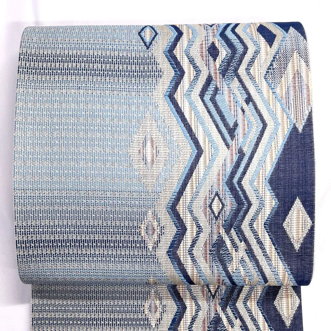 Thumbnail of Unworn Fukuro Obi (Japanese formal obi) with a cedar twill pattern, diamond motifs, vertical stripes, gold thread, and colorful design. Kimono obi, 024k