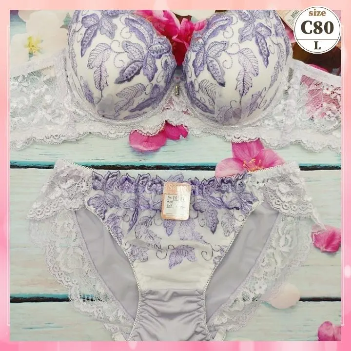 Thumbnail of C8025 [C80] Bra and Panty Set, High-Side, Beautiful Cleavage, Beautiful Bust, Leaf Embroidery, Purple
