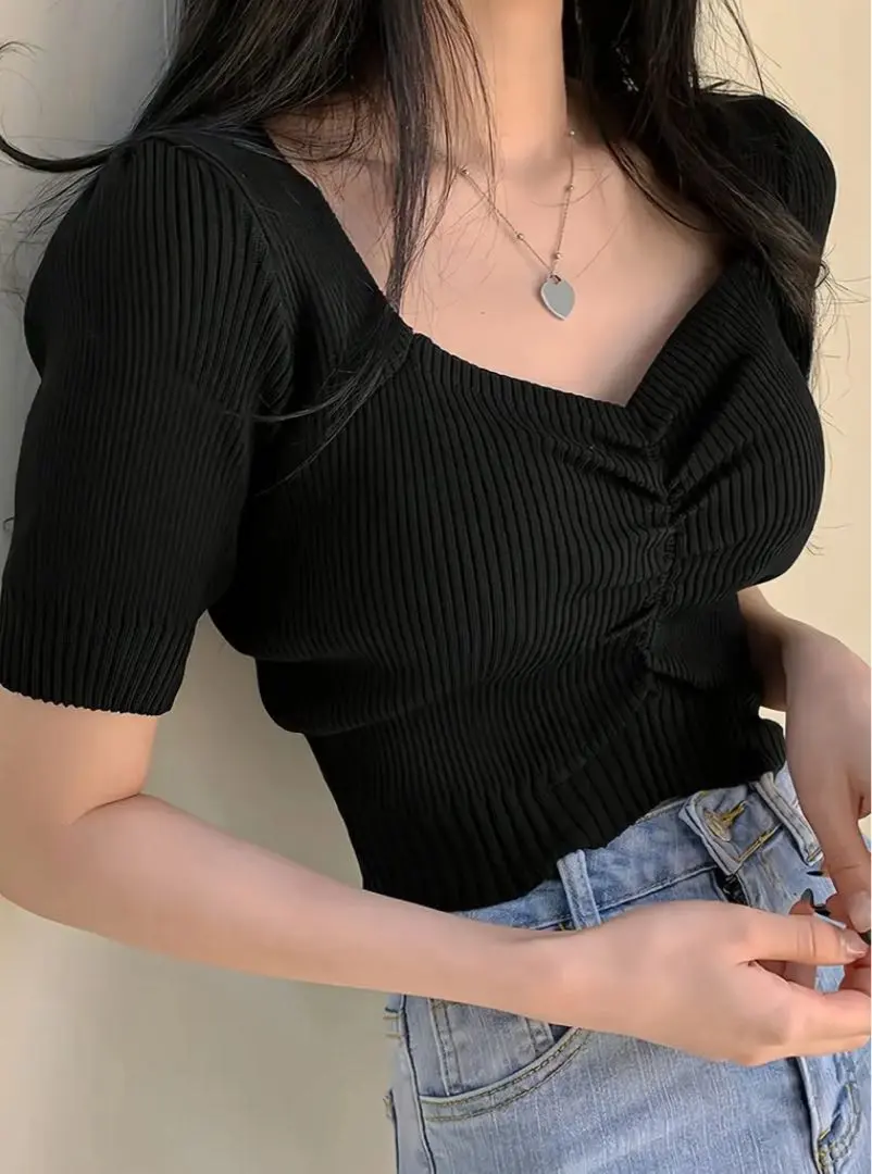 Thumbnail of Ribbed Knit Black Short Sleeve Top