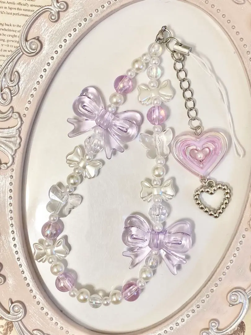 Thumbnail of 493 Purple Ribbon Heart Beads Strap Keychain Charm