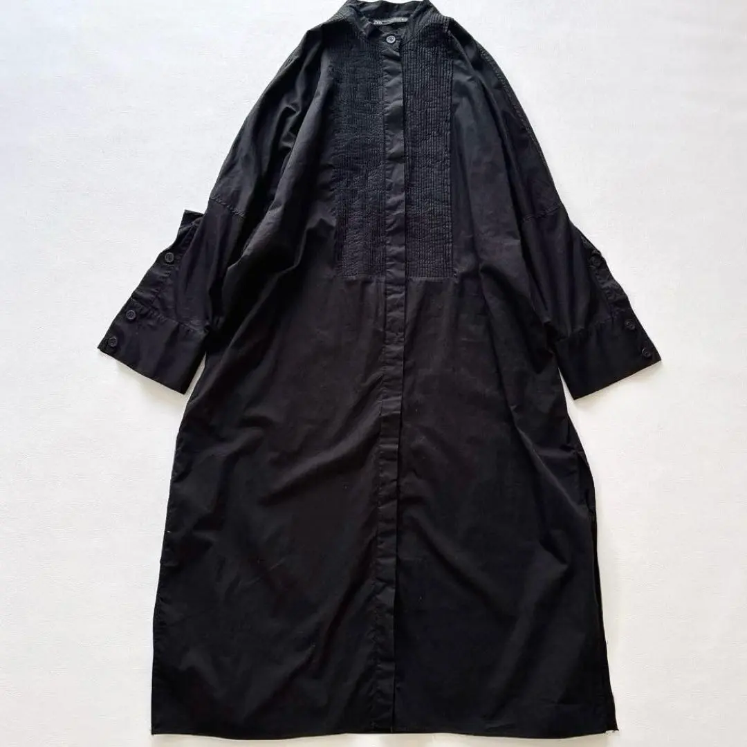Thumbnail of ZARA Pintuck Cotton Shirt Dress Long Sleeve Black Long