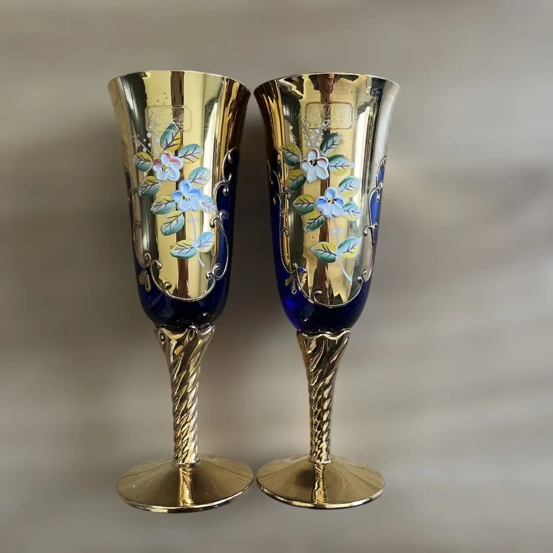 Thumbnail of 【Excellent Condition】Czech-made Bohemia Glass Gold Floral Design Set of 2, Handmade