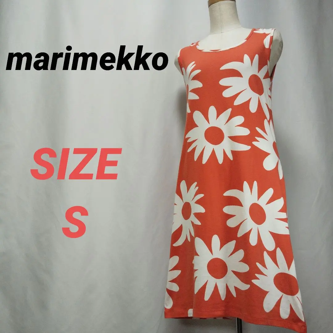 美品　マリメッコ　ウニッコ柄　 ノースリーブワンピース　オレンジ　34 marimekko 美品 マリメッコ ドット柄 水玉プリント ストレッチ