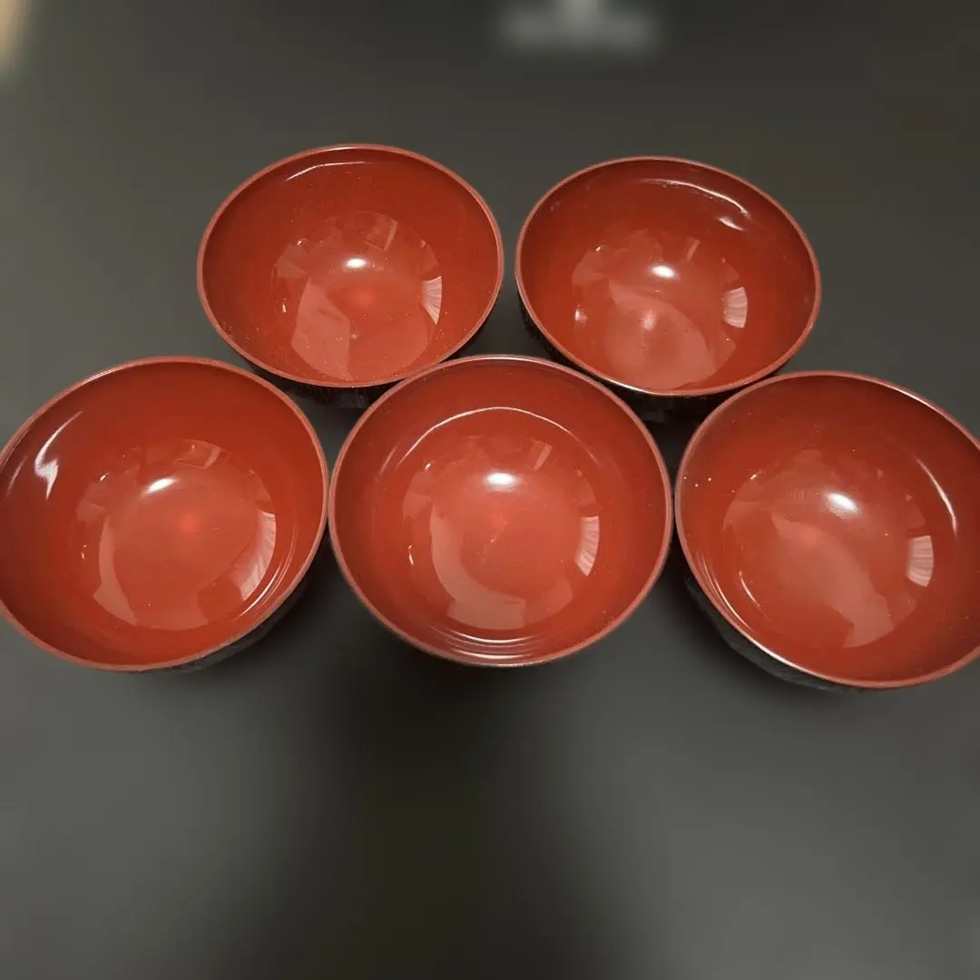 Thumbnail of Set of 5 red lacquered soup bowls