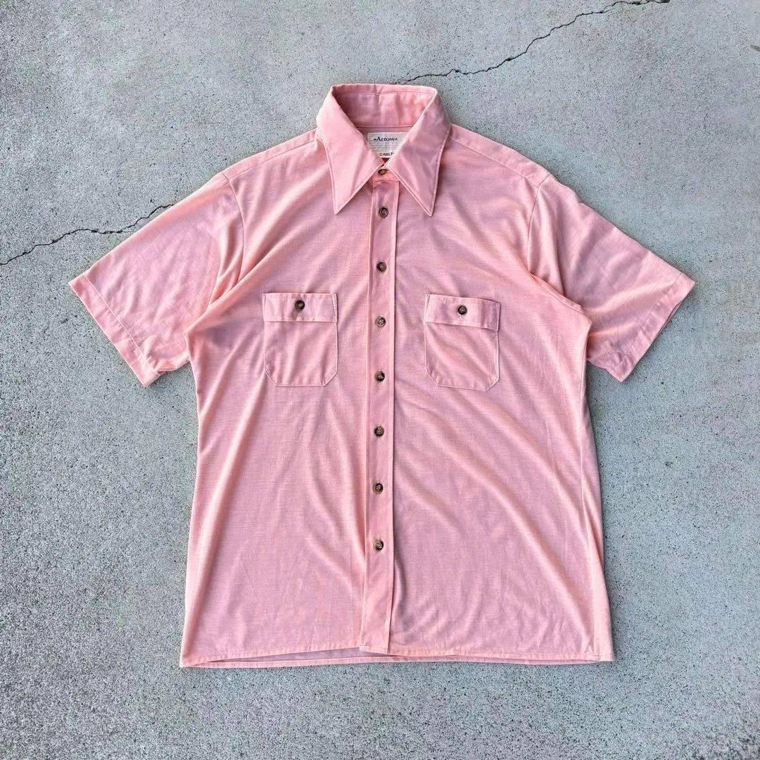 ARROW 70年代 古著 大翻領 聚酯纖維襯衫 短袖 L 鮭魚粉 的縮圖