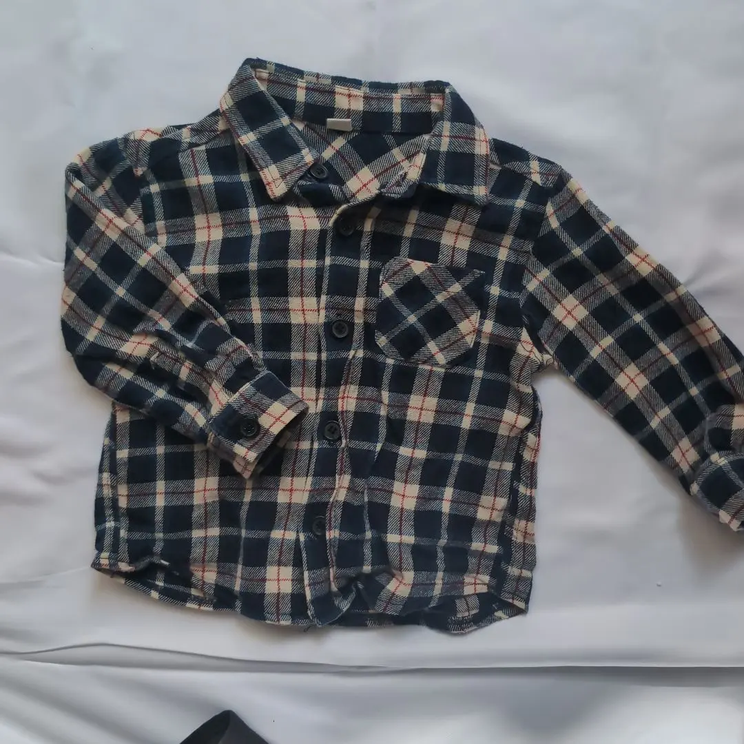 海軍藍・米色 格紋 長袖襯衫 的縮圖