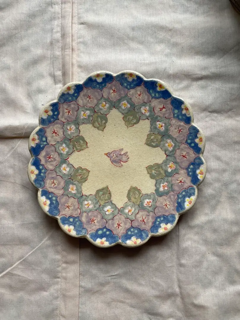 陶芸作家　増山文　花と鳥のデザインの陶器ボウル2個セット 作家 増山文 長角中皿 縁桃紫鳥ピンク ｜作家もののうつわ通販