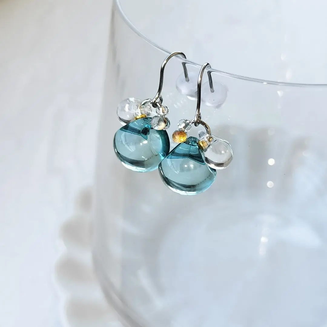 Thumbnail of No. 1061 Turquoise Blue Bell-Shaped & Transparent Bell-Shaped Drop Hook Silver Earrings 316L