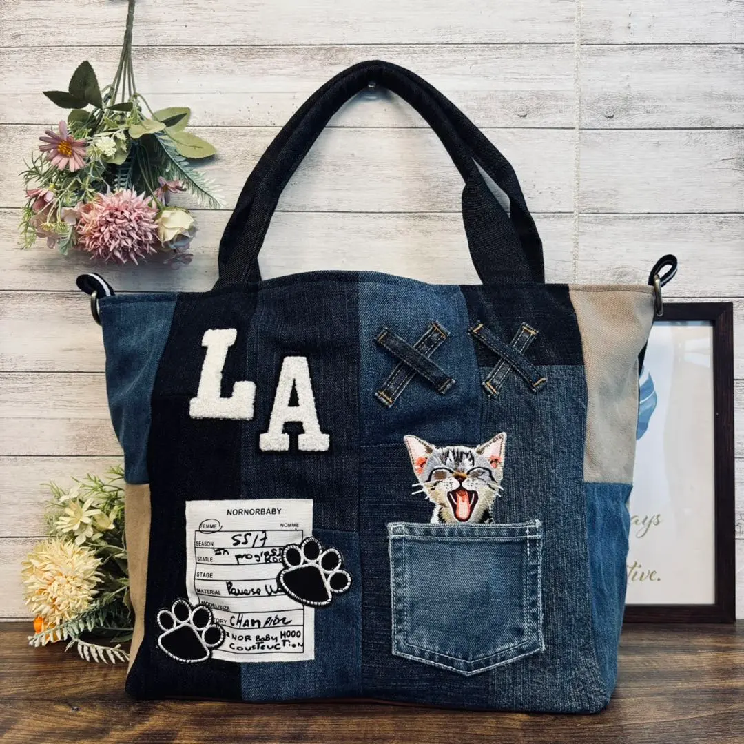 Thumbnail of L Size Denim Tote Bag Cat x Jeans Handmade Women's D-Ring