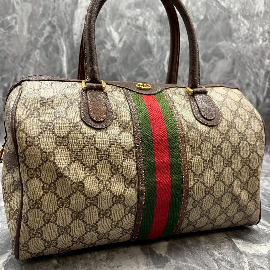 ✨美品✨GUCCI 經典款 綠紅綠織帶 GG 波士頓包 棕色 皮革 金屬配件 的縮圖