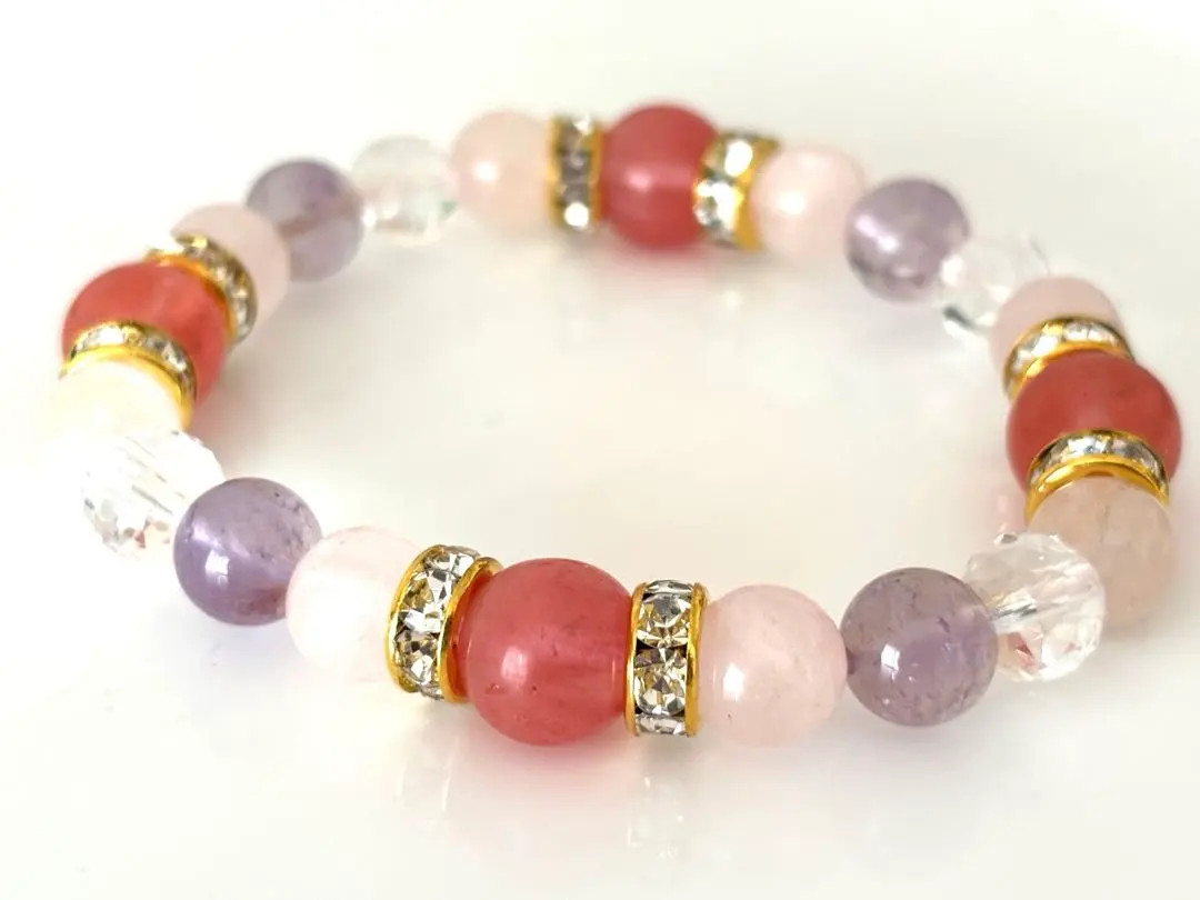 Thumbnail of Natural Cherry Quartz Rose Quartz Amethyst Crystal Power Stone Bracelet 16cm