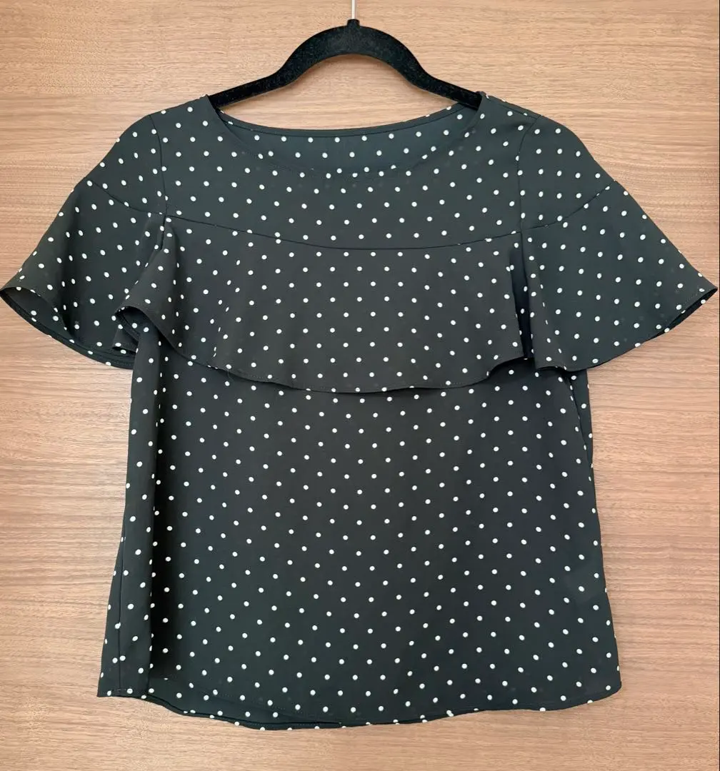 Thumbnail of Black Dot Print Ruffle Short Sleeve Shirt
