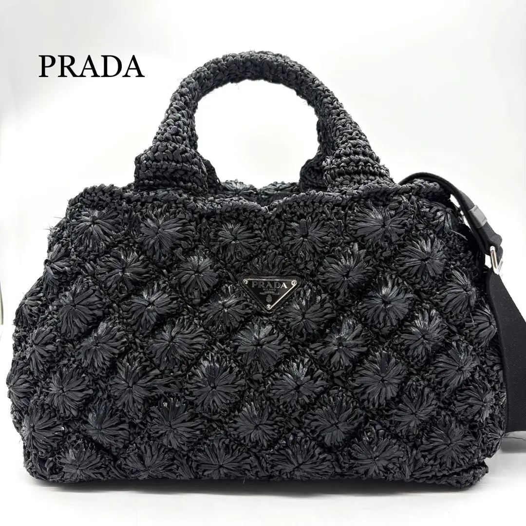 【専用袋付き】PRADA ハンドバッグ 2way ラフィア カナパ 三角ロゴ 黒 美品 プラダ ハンドバッグ ラフィア 三角プレート 2way チャーム