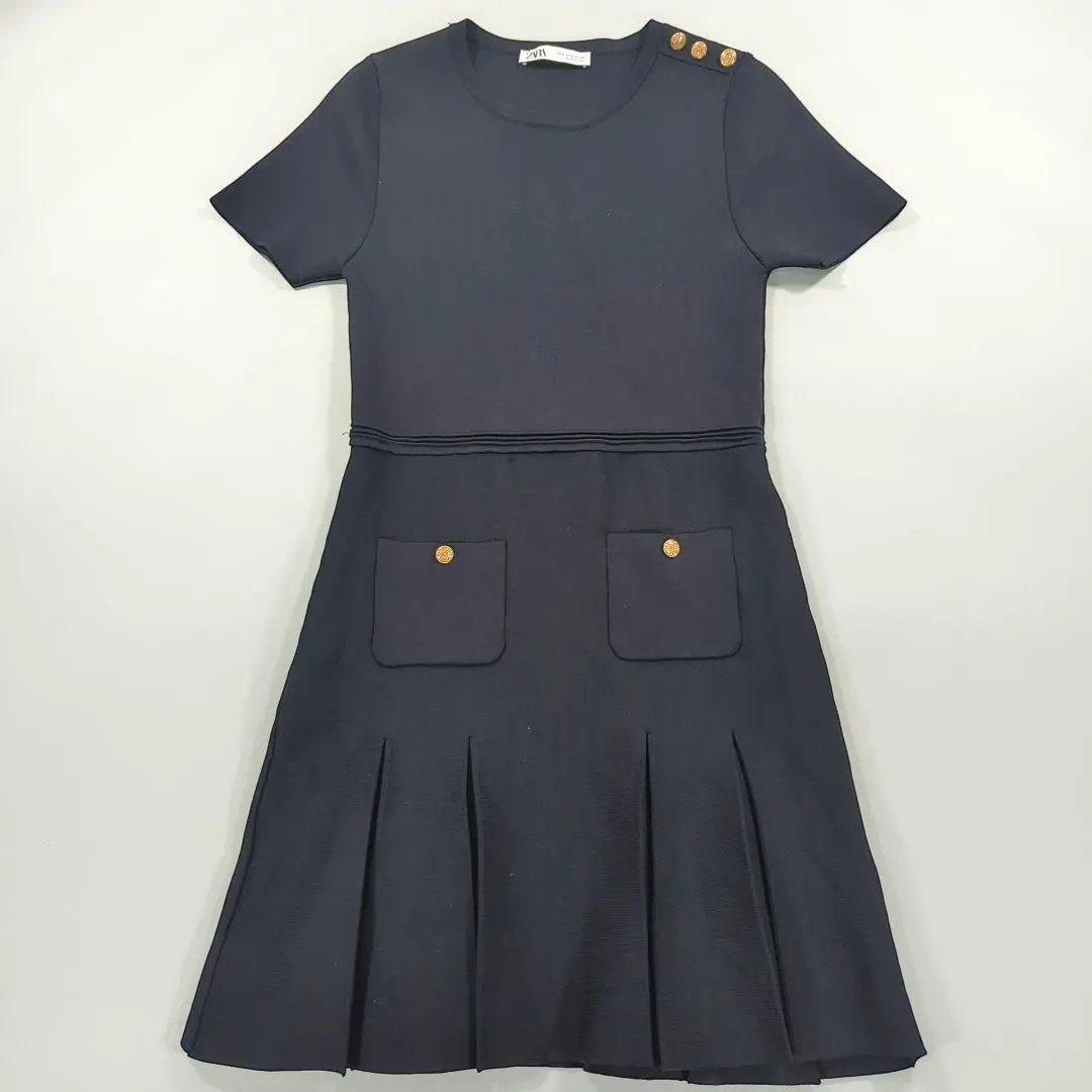 ZARA ボックスプリーツ ニット ミニワンピース 完売品 ZARA ボックスプリーツニットミニワンピースネイビー L
