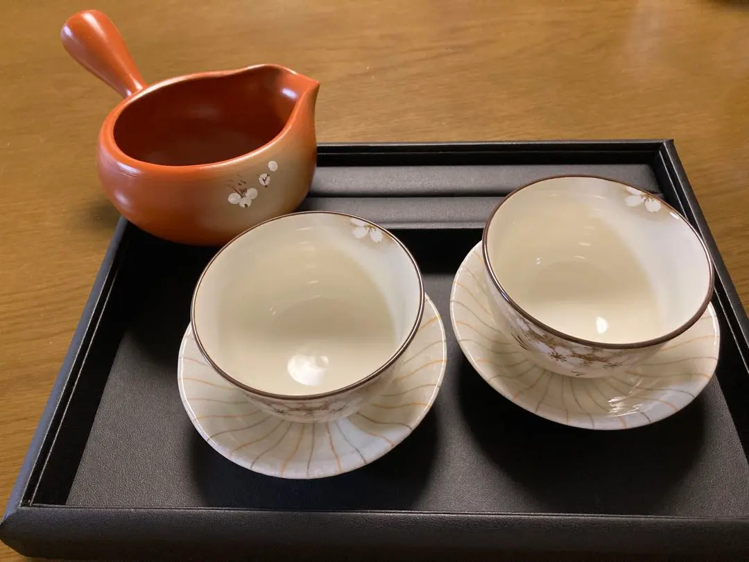 Thumbnail of Yamashita Kogei Tokoname-yaki Takeharu Handled Gradient White Plum Tea Server + Teacup & Small Plate