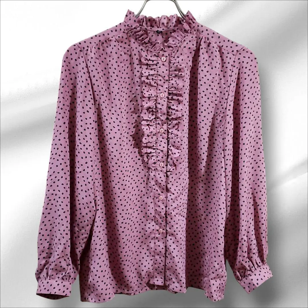 Thumbnail of Retro Ruffle Dusty Pink Polka Dot Blouse 11 Made in Japan Adult Cute Glossy