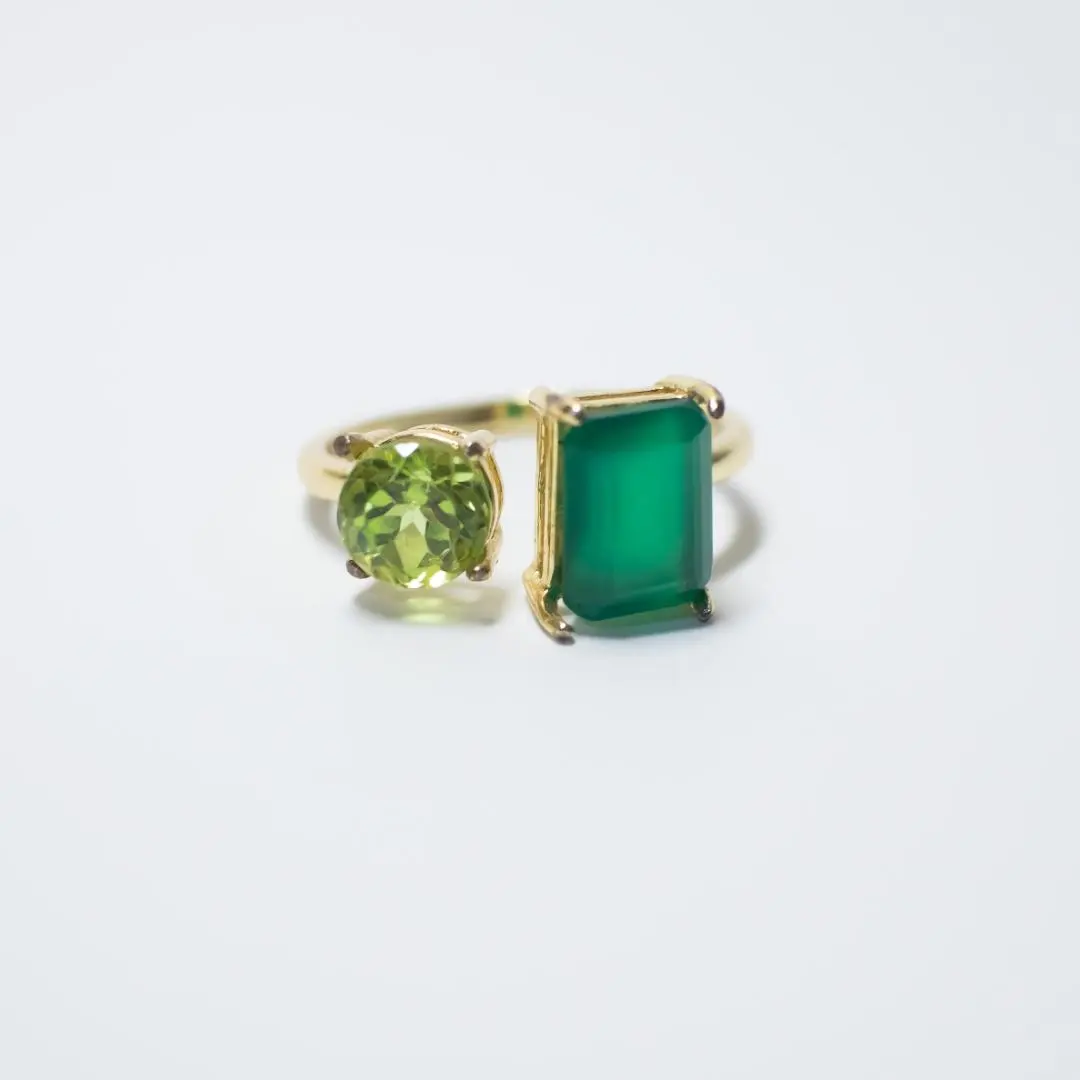 Thumbnail of Natural Stone * Green Onyx x Peridot * Fork Ring [Free Size] Ring